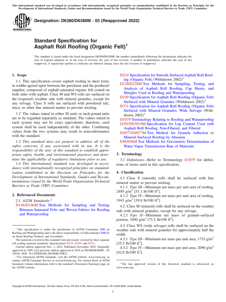 ASTM D6380/D6380M-03(2022) - Standard Specification for  Asphalt Roll Roofing (Organic Felt)