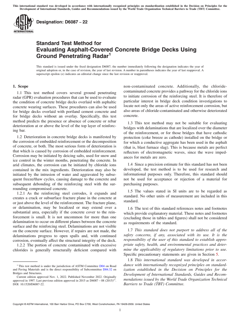 ASTM D6087-22 - Standard Test Method for Evaluating Asphalt-Covered Concrete Bridge Decks Using Ground  Penetrating Radar