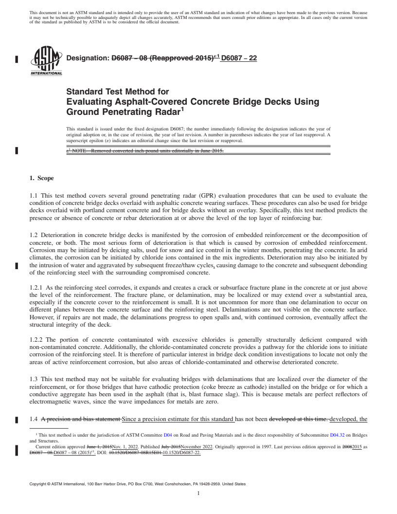 REDLINE ASTM D6087-22 - Standard Test Method for Evaluating Asphalt-Covered Concrete Bridge Decks Using Ground  Penetrating Radar