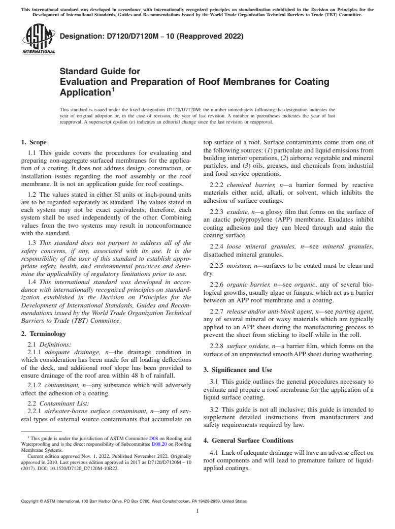 ASTM D7120/D7120M-10(2022) - Standard Guide for  Evaluation and Preparation of Roof Membranes for Coating Application