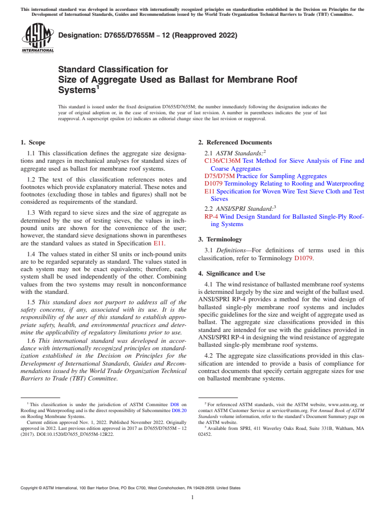 ASTM D7655/D7655M-12(2022) - Standard Classification for  Size of Aggregate Used as Ballast for Membrane Roof Systems