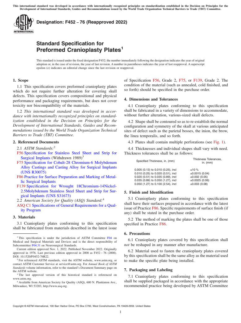 ASTM F452-76(2022) - Standard Specification for  Preformed Cranioplasty Plates