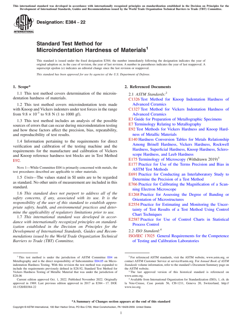 ASTM E384-22 - Standard Test Method for Microindentation Hardness of Materials