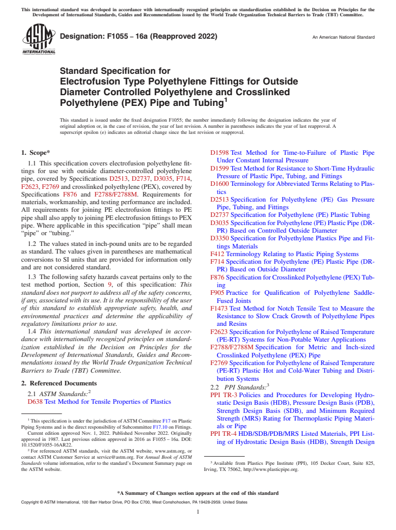 ASTM F1055-16a(2022) - Standard Specification for  Electrofusion Type Polyethylene Fittings for Outside Diameter   Controlled Polyethylene and Crosslinked Polyethylene (PEX) Pipe and   Tubing