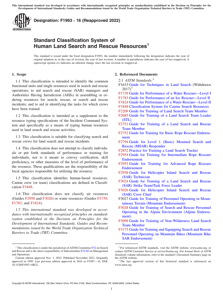 ASTM F1993-16(2022) - Standard Classification System of Human Land Search and Rescue Resources