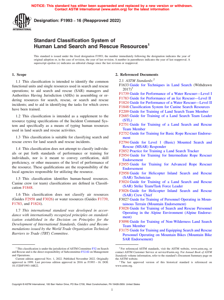 ASTM F1993-16(2022) - Standard Classification System of Human Land Search and Rescue Resources