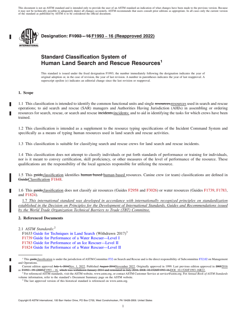 REDLINE ASTM F1993-16(2022) - Standard Classification System of Human Land Search and Rescue Resources