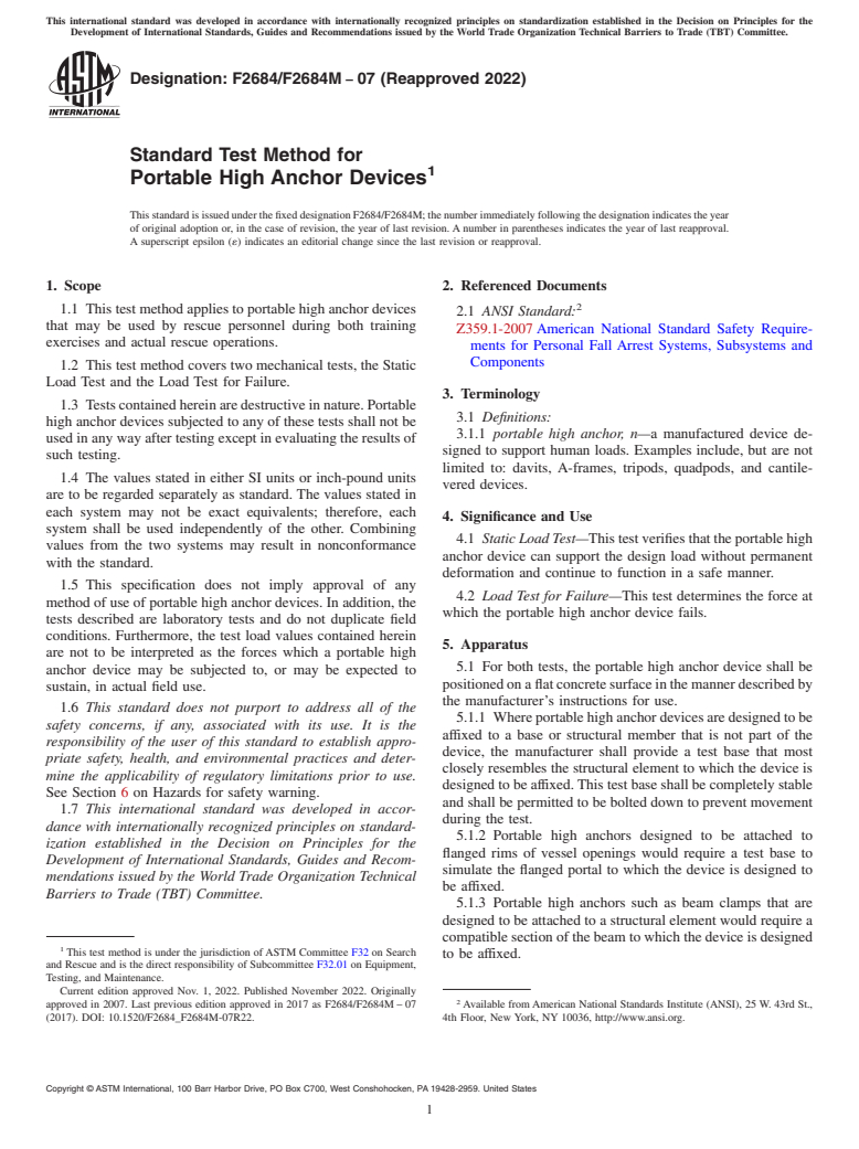 ASTM F2684/F2684M-07(2022) - Standard Test Method for  Portable High Anchor Devices