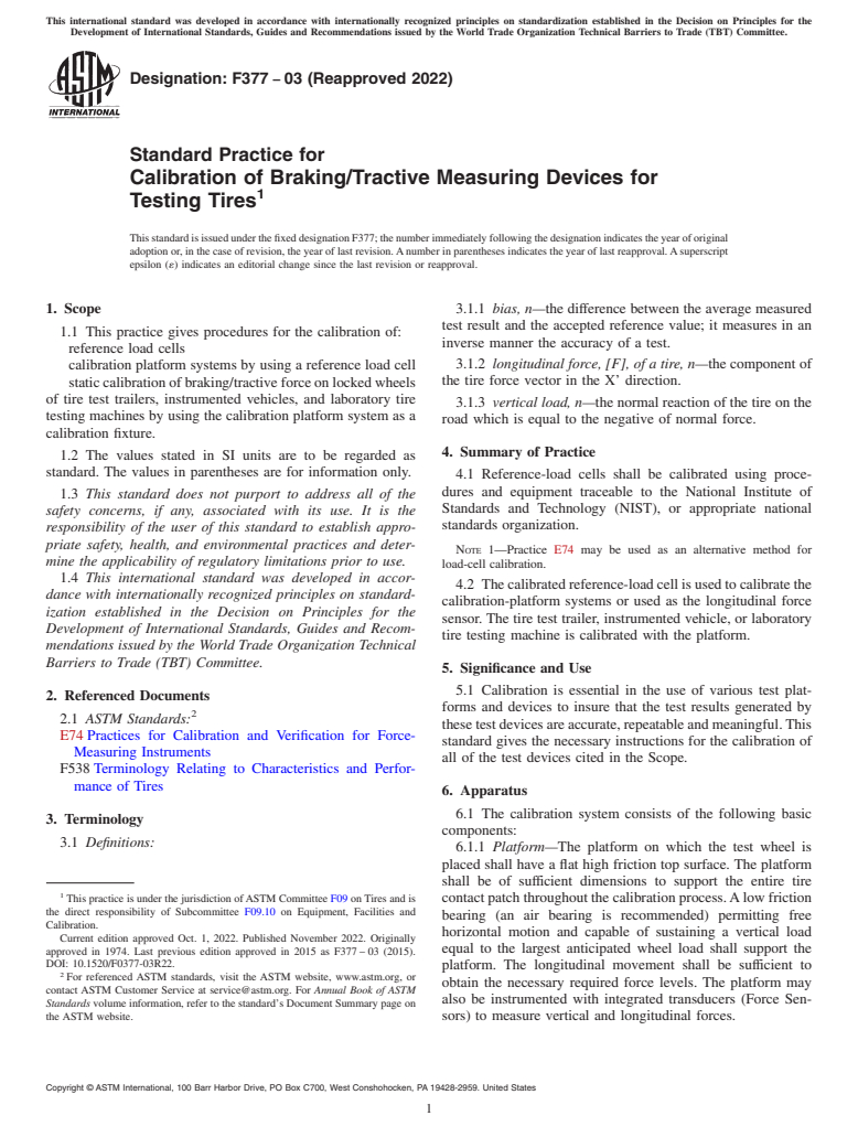 ASTM F377-03(2022) - Standard Practice for Calibration of Braking/Tractive Measuring Devices for Testing  Tires