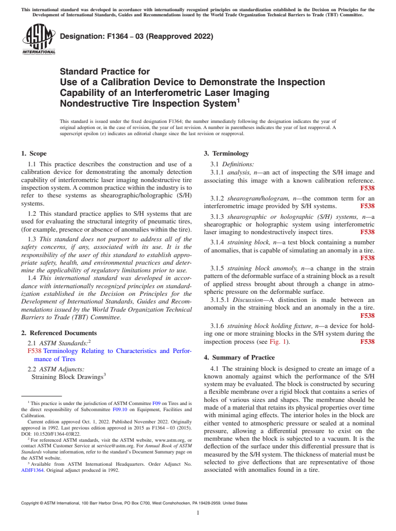 ASTM F1364-03(2022) - Standard Practice for Use of a Calibration Device to Demonstrate the Inspection Capability  of an Interferometric Laser Imaging Nondestructive Tire Inspection  System