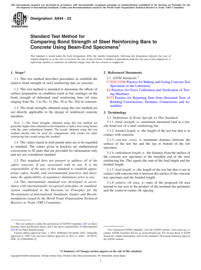 ASTM A944-22 - Standard Test Method for  Comparing Bond Strength of Steel Reinforcing Bars to Concrete  Using Beam-End Specimens