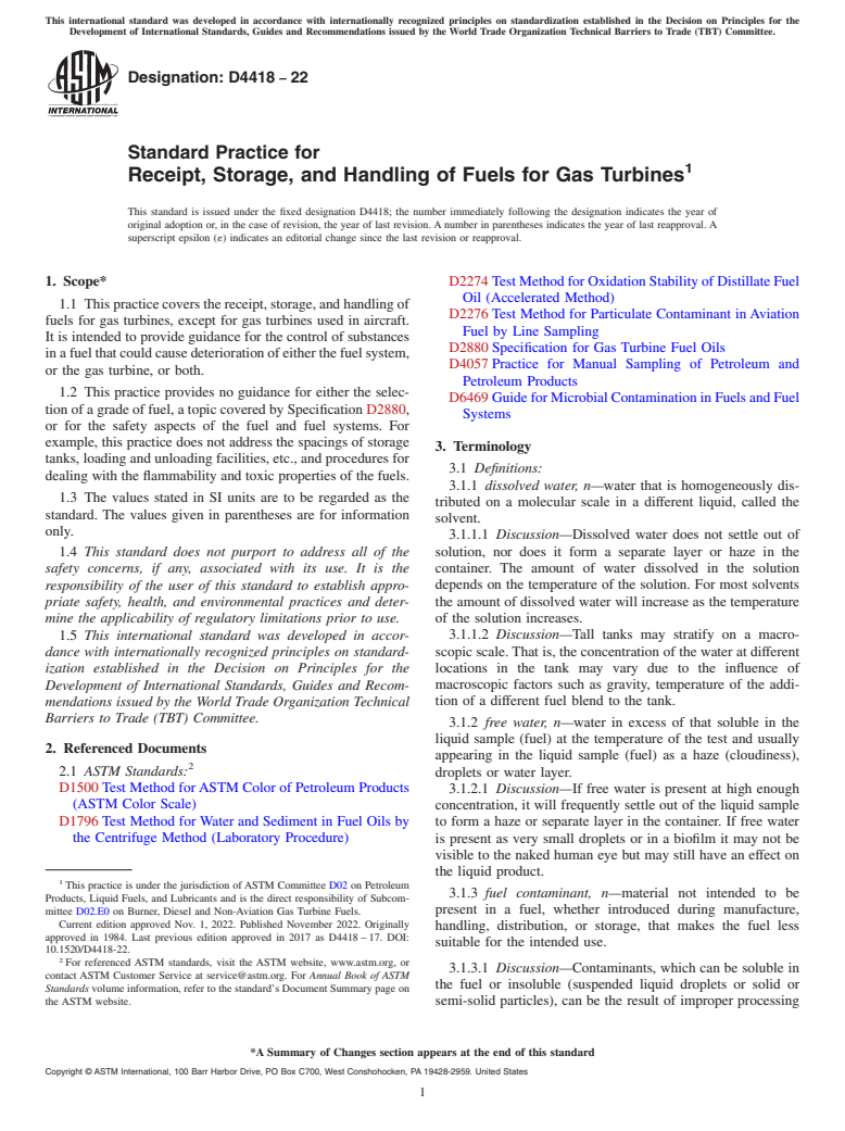 ASTM D4418-22 - Standard Practice for  Receipt, Storage, and Handling of Fuels for Gas Turbines