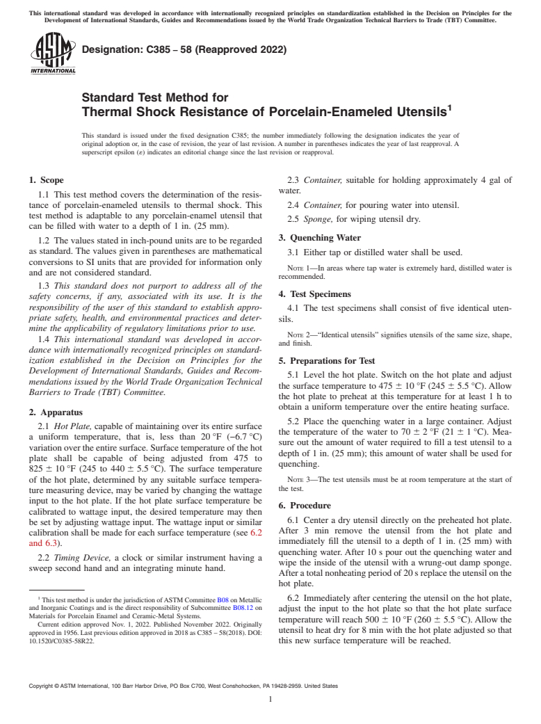 ASTM C385-58(2022) - Standard Test Method for  Thermal Shock Resistance of Porcelain-Enameled Utensils