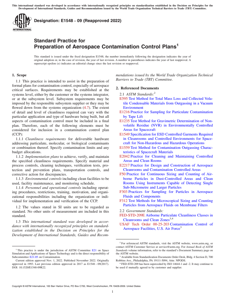 ASTM E1548-09(2022) - Standard Practice for  Preparation of Aerospace Contamination Control Plans