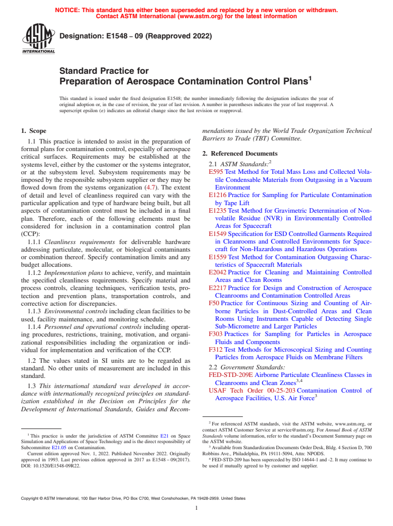 ASTM E1548-09(2022) - Standard Practice for  Preparation of Aerospace Contamination Control Plans