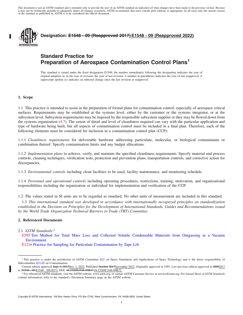 REDLINE ASTM E1548-09(2022) - Standard Practice for  Preparation of Aerospace Contamination Control Plans