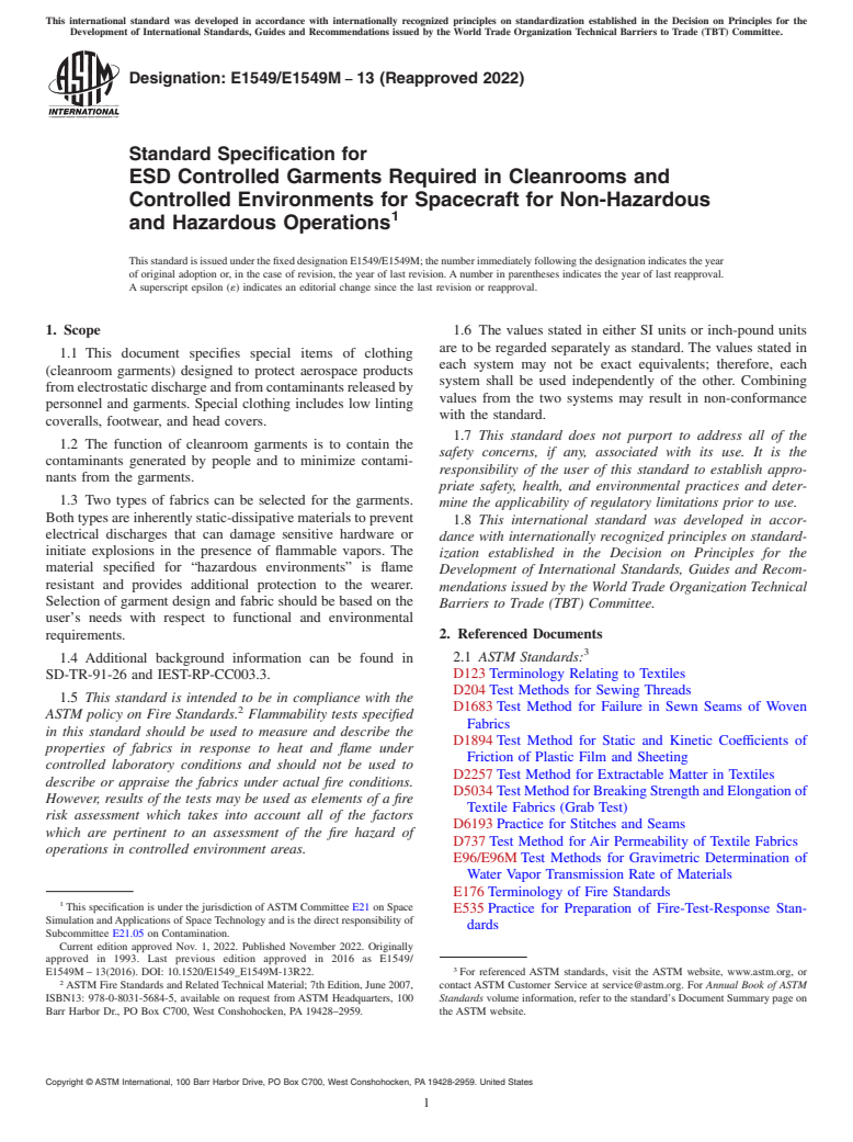 ASTM E1549/E1549M-13(2022) - Standard Specification for  ESD Controlled Garments Required in Cleanrooms and Controlled  Environments for Spacecraft for Non-Hazardous and Hazardous Operations