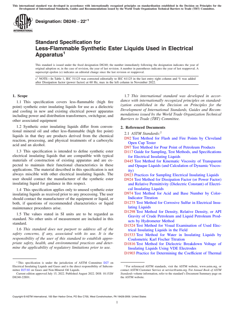 ASTM D8240-22e1 - Standard Specification for Less-Flammable Synthetic Ester Liquids Used in Electrical Apparatus