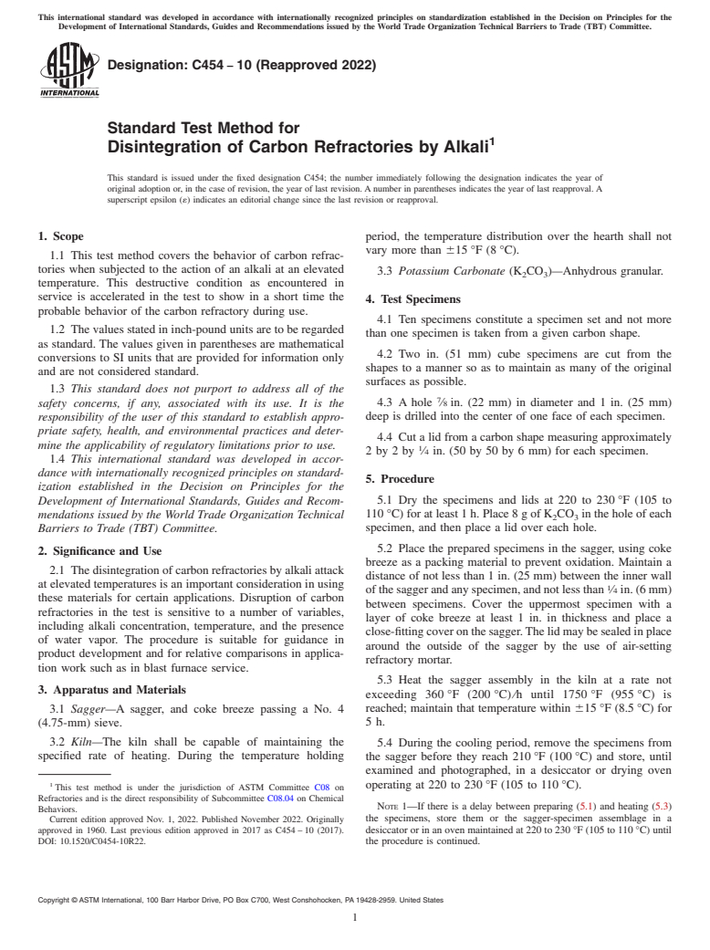 ASTM C454-10(2022) - Standard Test Method for  Disintegration of Carbon Refractories by Alkali