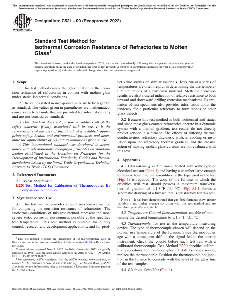 ASTM C621-09(2022) - Standard Test Method for Isothermal Corrosion Resistance of Refractories to Molten Glass