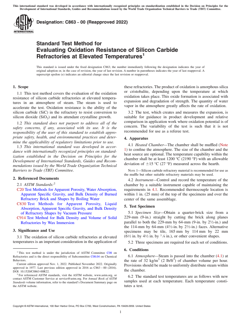 ASTM C863-00(2022) - Standard Test Method for  Evaluating Oxidation Resistance of Silicon Carbide Refractories   at Elevated Temperatures