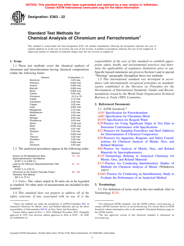 ASTM E363-22 - Standard Test Methods for  Chemical Analysis of Chromium and Ferrochromium