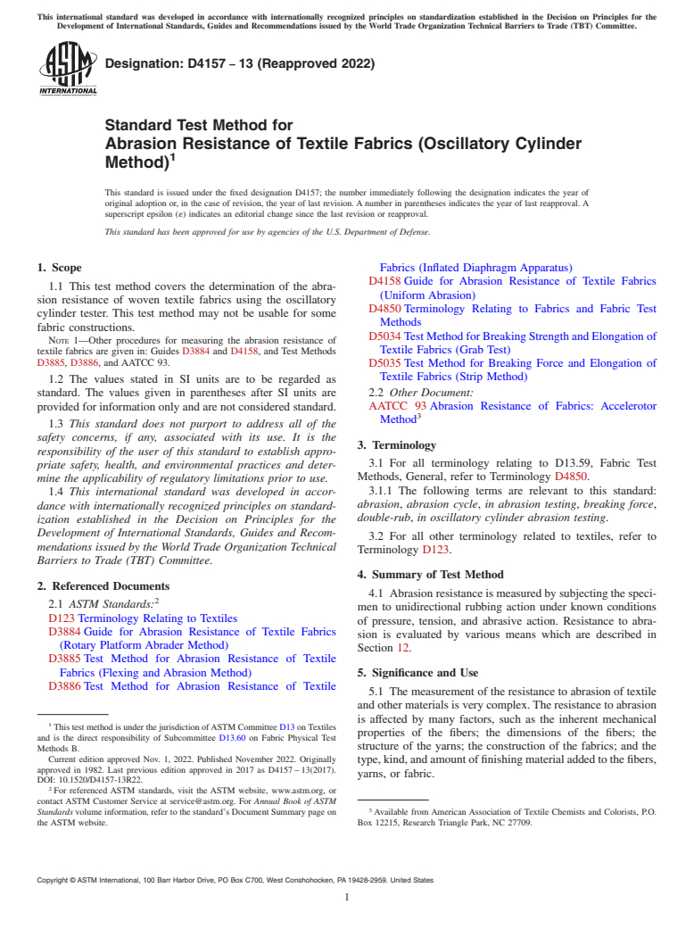 ASTM D4157-13(2022) - Standard Test Method for  Abrasion Resistance of Textile Fabrics (Oscillatory Cylinder  Method)