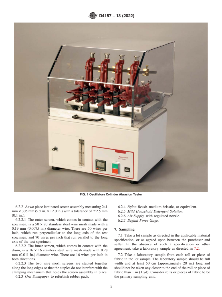 ASTM D4157-13(2022) - Standard Test Method for  Abrasion Resistance of Textile Fabrics (Oscillatory Cylinder  Method)