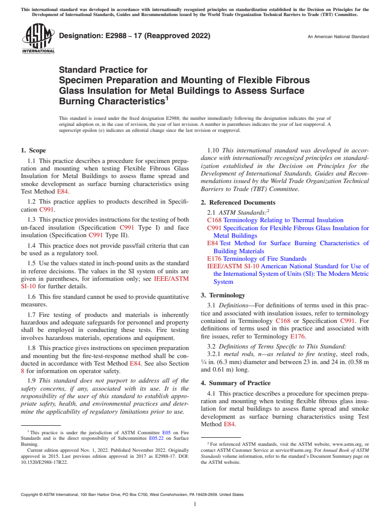 ASTM E2988-17(2022) - Standard Practice for Specimen Preparation and Mounting of Flexible Fibrous Glass  Insulation for Metal Buildings to Assess Surface Burning Characteristics