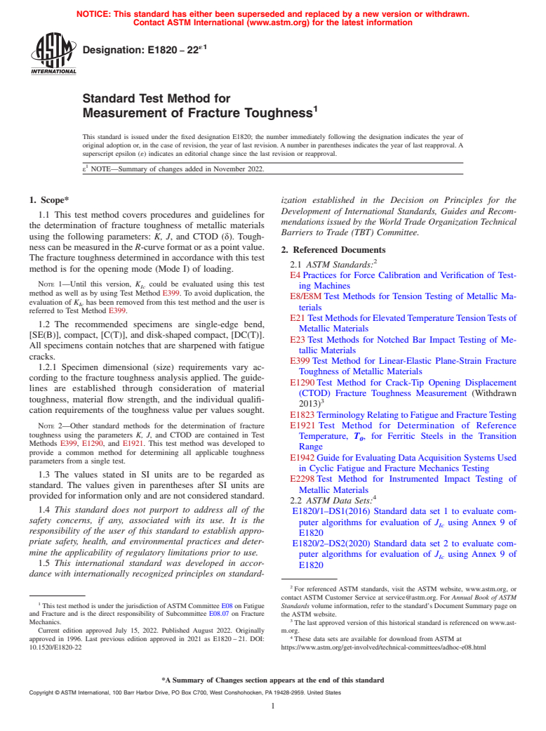 ASTM E1820-22e1 - Standard Test Method for  Measurement of Fracture Toughness