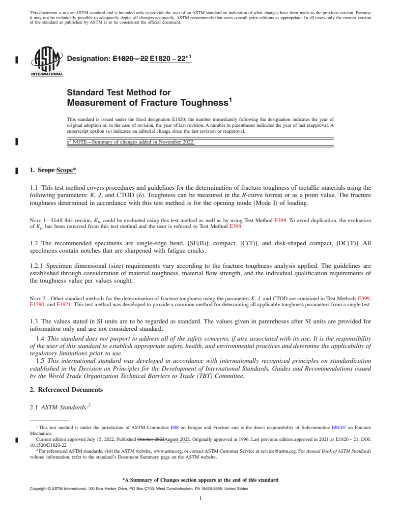 REDLINE ASTM E1820-22e1 - Standard Test Method for  Measurement of Fracture Toughness