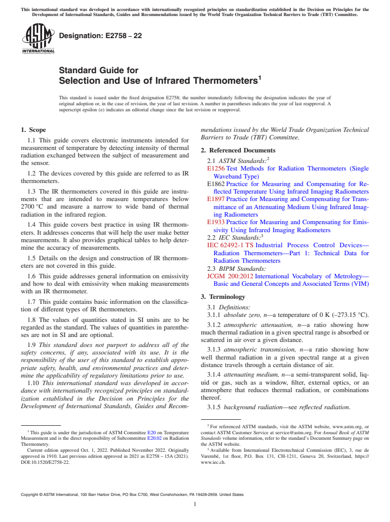 ASTM E2758-22 - Standard Guide for  Selection and Use of Infrared Thermometers