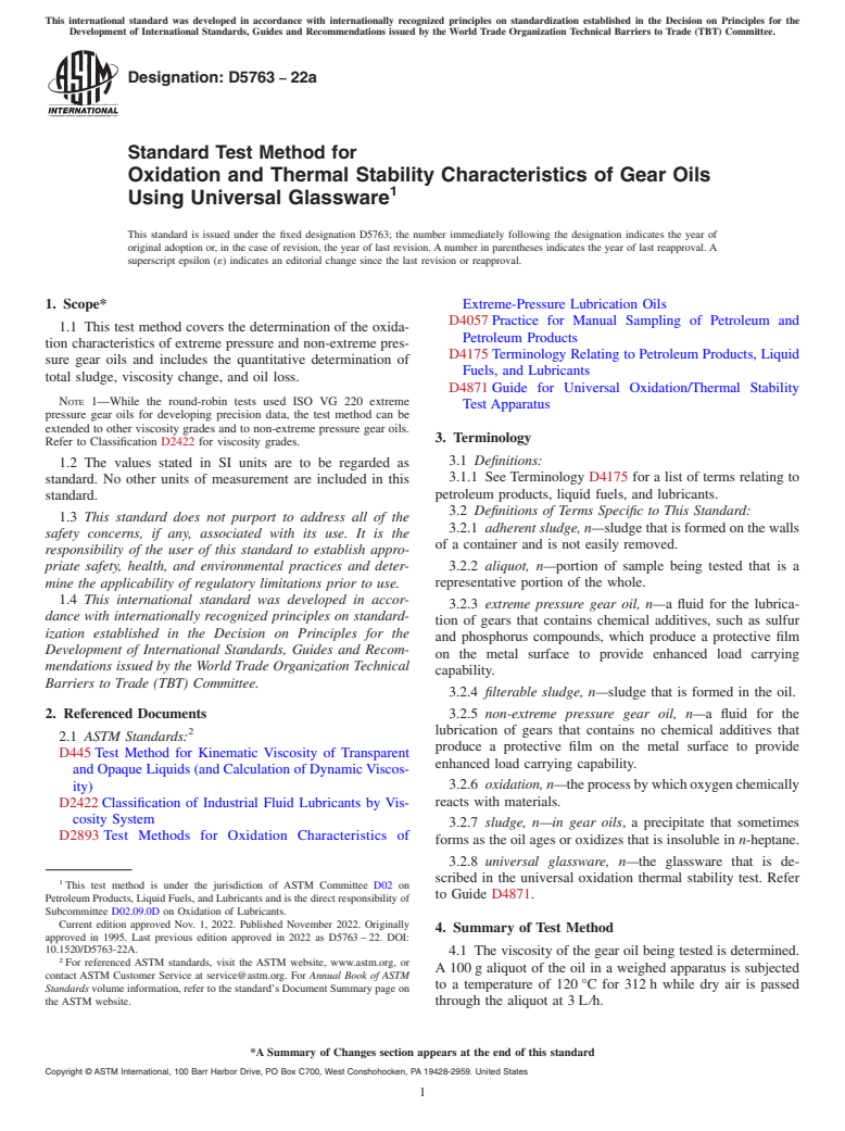 ASTM D5763-22a - Standard Test Method for  Oxidation and Thermal Stability Characteristics of Gear Oils   Using Universal Glassware