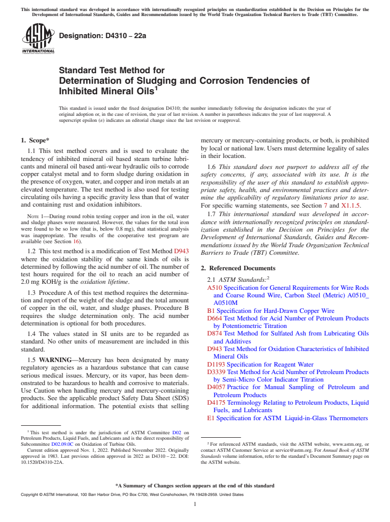ASTM D4310-22a - Standard Test Method for  Determination of Sludging and Corrosion Tendencies of Inhibited   Mineral Oils