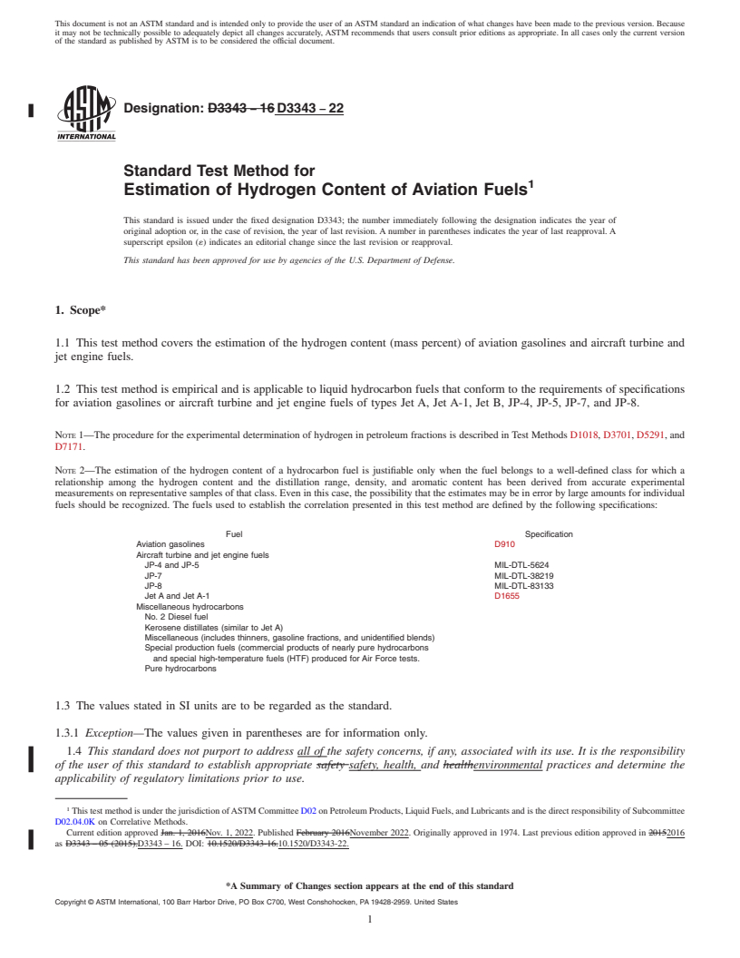 REDLINE ASTM D3343-22 - Standard Test Method for  Estimation of Hydrogen Content of Aviation Fuels