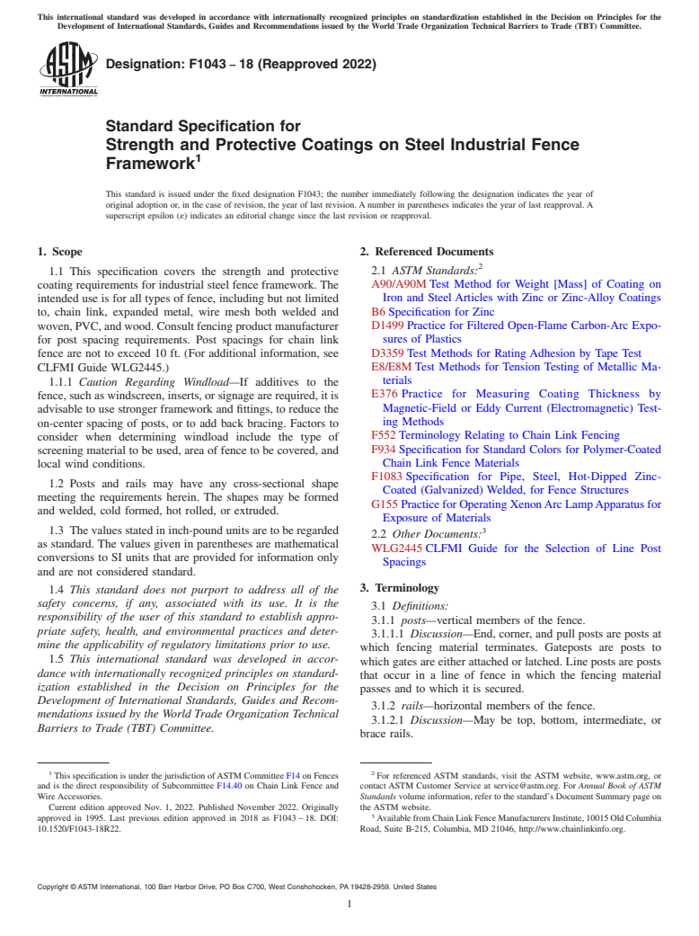 ASTM F1043-18(2022) - Standard Specification for  Strength and Protective Coatings on Steel Industrial Fence  Framework