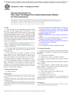 ASTM F1083-18(2022) ASTM F1083-18(2022) - Standard Specification for Pipe, Steel, Hot-Dipped Zinc-Coated (Galvanized) Welded, for Fence Structures - Page 1 preview