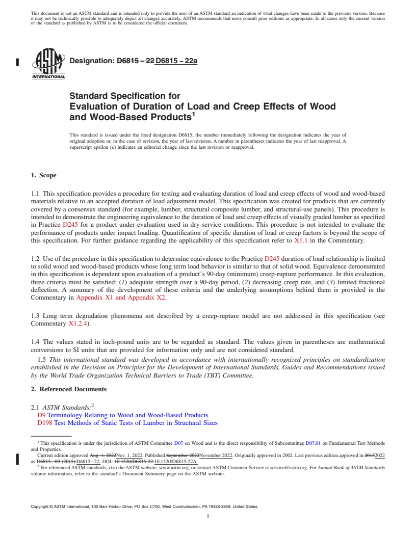 REDLINE ASTM D6815-22a - Standard Specification for  Evaluation of Duration of Load and Creep Effects of Wood and   Wood-Based Products