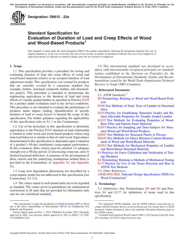 ASTM D6815-22a - Standard Specification for  Evaluation of Duration of Load and Creep Effects of Wood and   Wood-Based Products