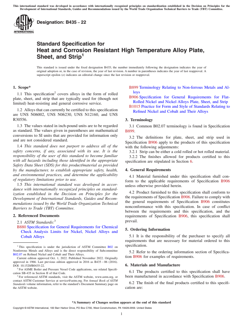 ASTM B435-22 - Standard Specification for Heat and Corrosion Resistant High Temperature Alloy Plate,  Sheet, and Strip