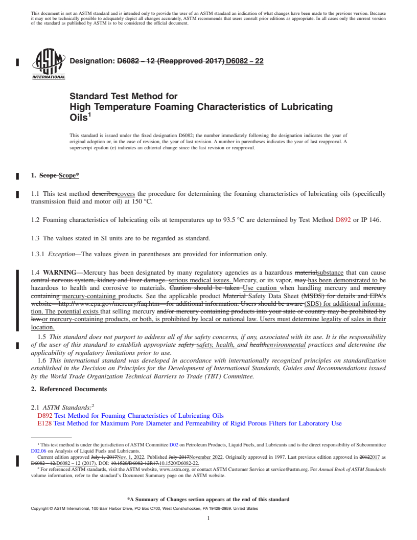 REDLINE ASTM D6082-22 - Standard Test Method for  High Temperature Foaming Characteristics of Lubricating Oils