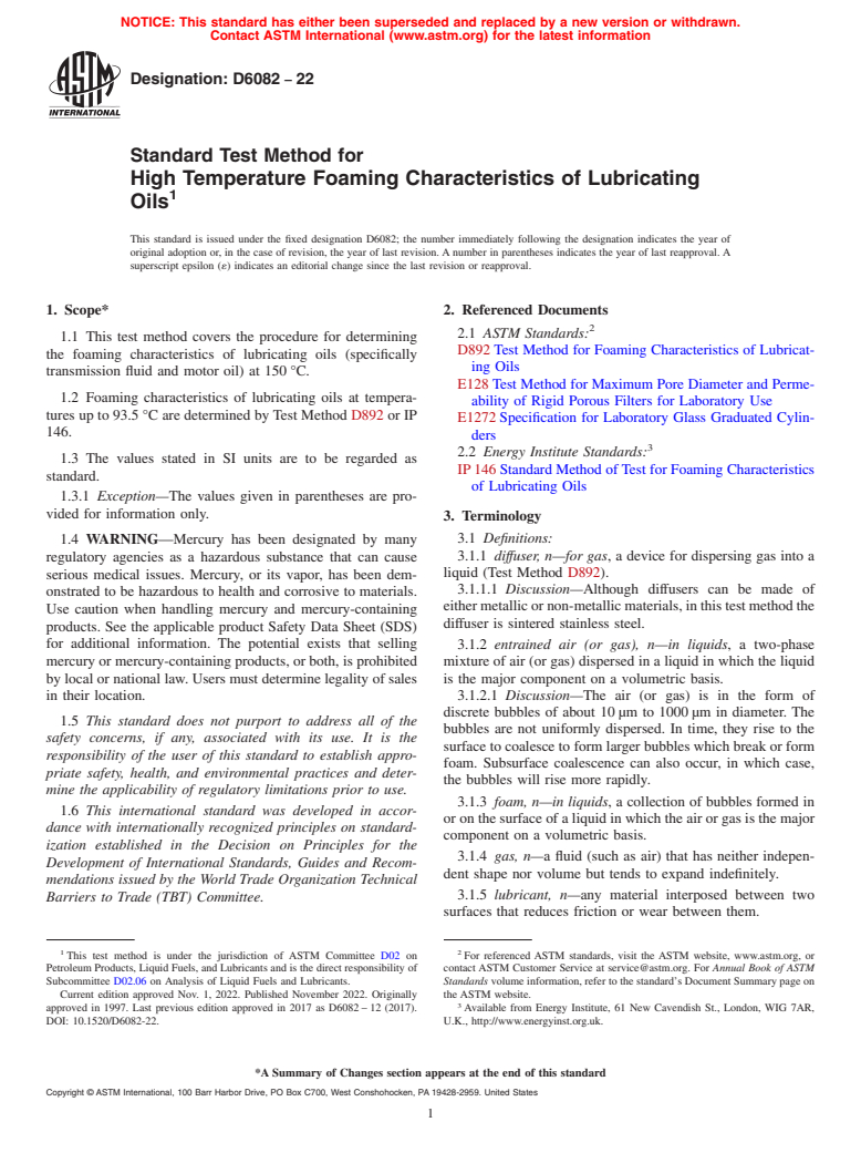 ASTM D6082-22 - Standard Test Method for  High Temperature Foaming Characteristics of Lubricating Oils