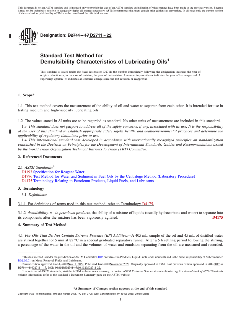 REDLINE ASTM D2711-22 - Standard Test Method for  Demulsibility Characteristics of Lubricating Oils