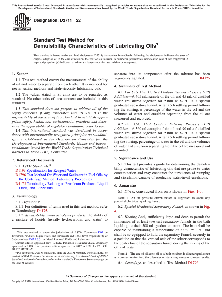 ASTM D2711-22 - Standard Test Method for  Demulsibility Characteristics of Lubricating Oils