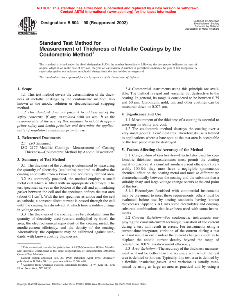 ASTM B504-90(2002) - Standard Test Method for Measurement of Thickness of Metallic Coatings by the Coulometric Method