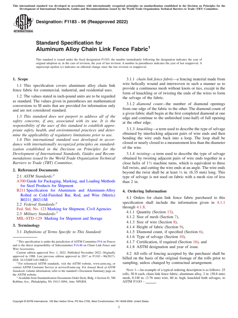ASTM F1183-96(2022) - Standard Specification for  Aluminum Alloy Chain Link Fence Fabric