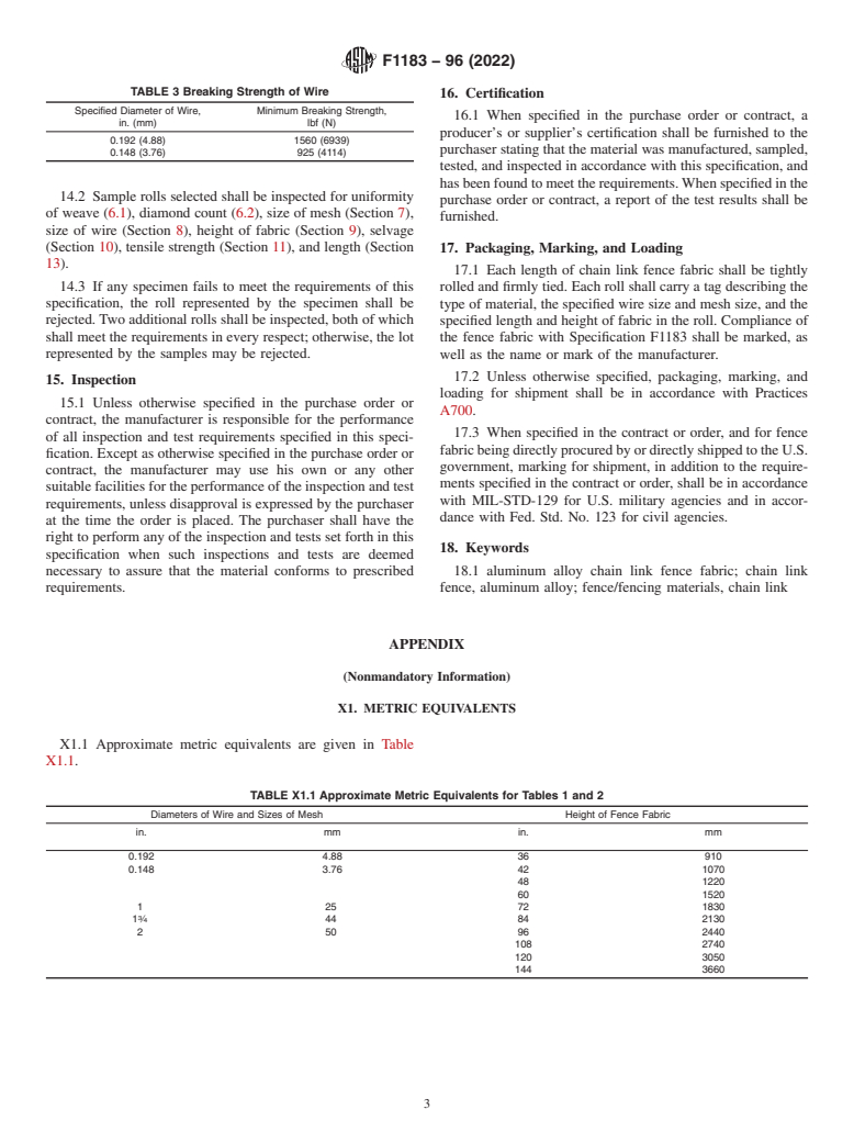 ASTM F1183-96(2022) - Standard Specification for  Aluminum Alloy Chain Link Fence Fabric