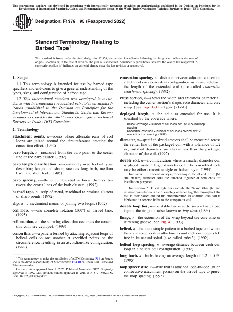 ASTM F1379-95(2022) - Standard Terminology Relating to Barbed Tape