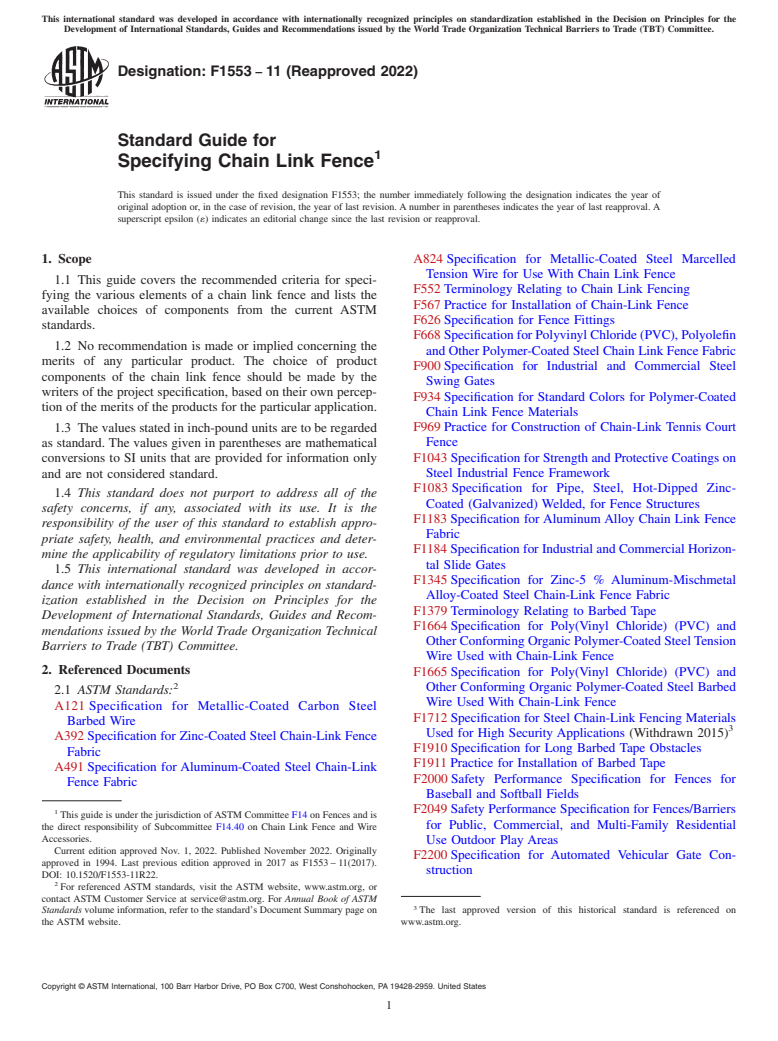 ASTM F1553-11(2022) - Standard Guide for  Specifying Chain Link Fence