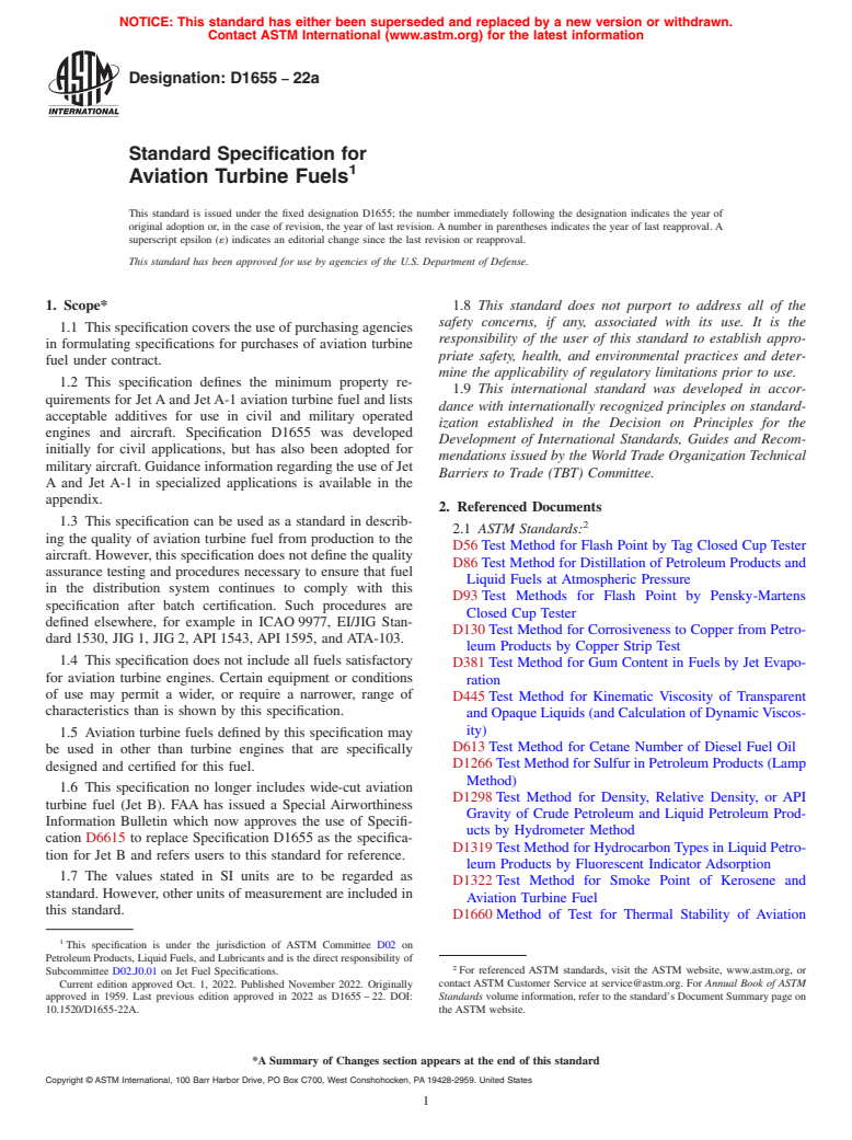 ASTM D1655-22a - Standard Specification for Aviation Turbine Fuels